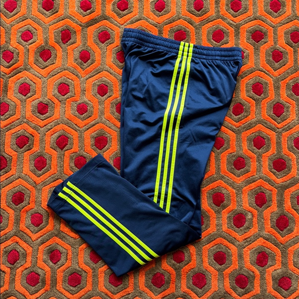 MAKE OFFER! Adidas Blue Joggers with Neon Lime Stripe Track Pants Youth XL